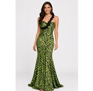 Xscape by Joanna Chen One Shoulder Zebra Print Mermaid Gown Y2K Womens Size 8